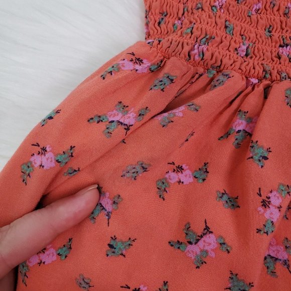 Kimchi Blue Romper Womens Small Orange Floral Sleeveless Smocked Pockets UO - Picture 9 of 11